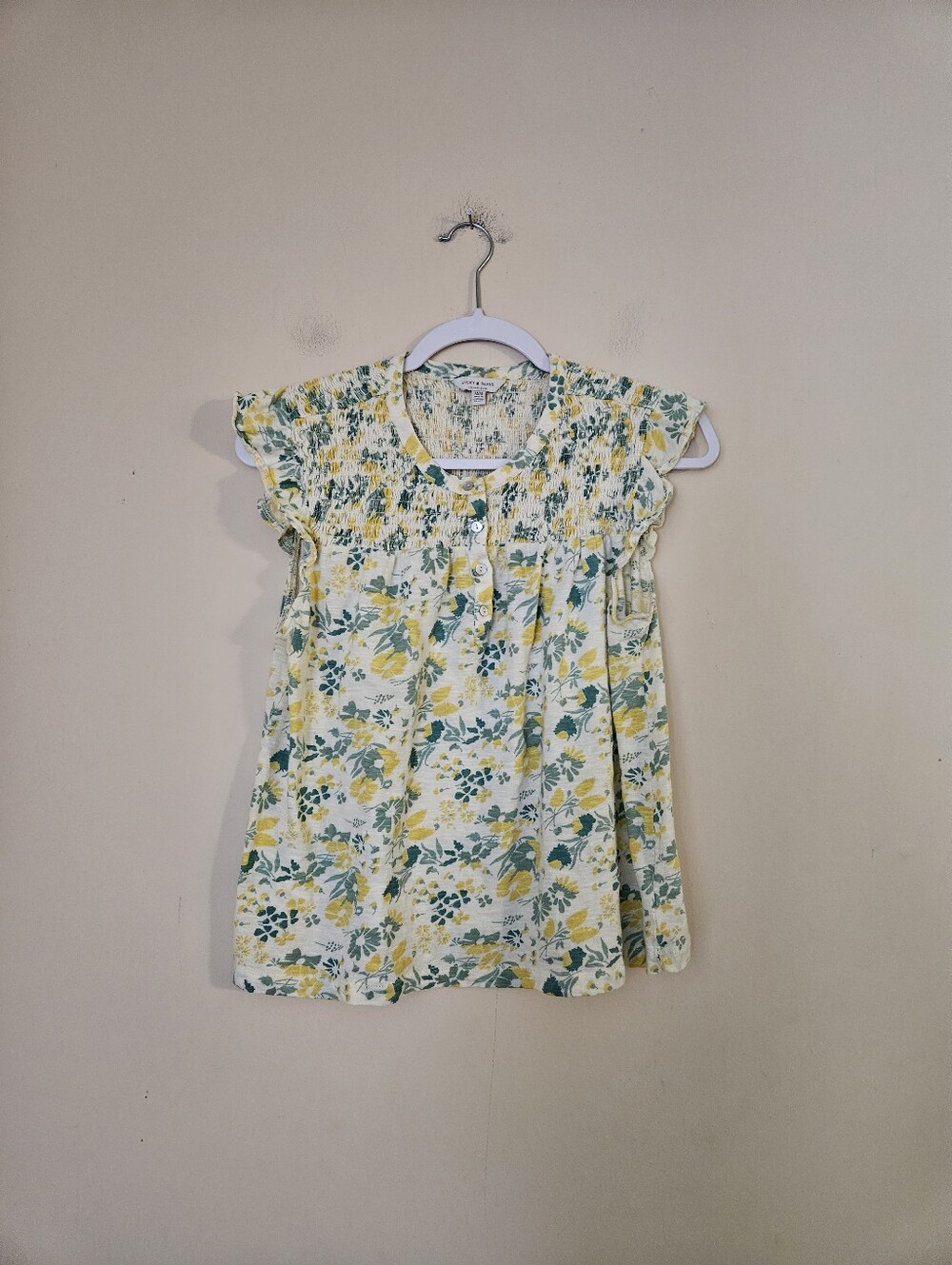 Lucky Brand Yellow & Green Floral Smocked Blouse, Size Medium